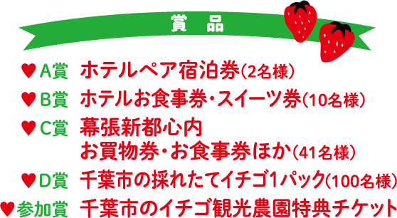 賞品 A賞	ホテルペア宿泊券(2名様)B賞	ホテルお食事券・スイーツ券(10名様)C賞	幕張新都心内お買物券・お食事券ほか(41名様)D賞	千葉市の採れたてイチゴ１パック(100名様)参加賞	千葉市のイチゴ観光農園特典チケット