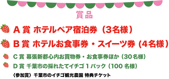 賞品
A賞/ホテルペア宿泊券 (3名様) B賞/ホテルお食事券 ・スイーツ券 (4名様)
C賞/幕張新都心内お買物券・ お食事券ほか (30名様)
D賞/千葉市の採れたてイチゴ1パック (100名様)
〈参加賞〉
千葉市のイチゴ観光農園 特典チケット